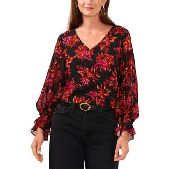 Vince Camuto V-Neck Balloon-Sleeve Smocked-Cuff Top - Rich Black MED NWT - Picture 1 of 1